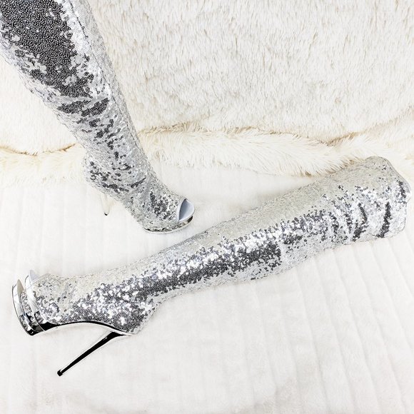 Pleaser Shoes - 3011 Silver Sequin Open Toe Thigh High Heel Boots Blondie